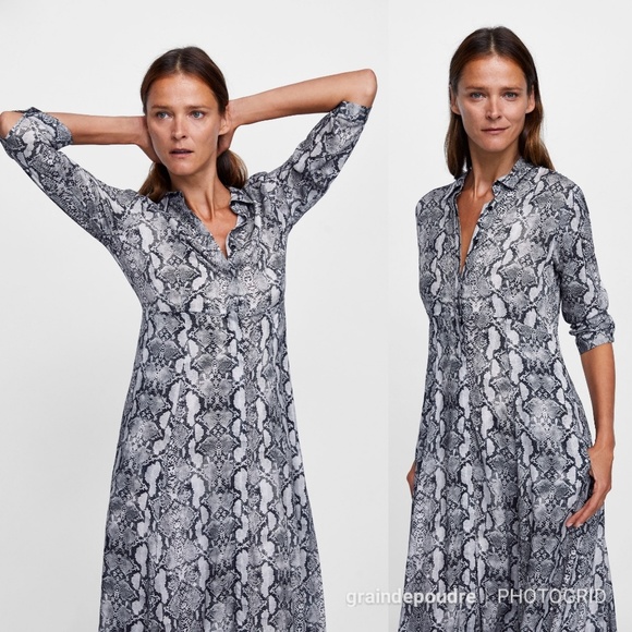 Zara Snake Print Full Skirt Shirt Maxi Dress XS - Picture 3 of 4